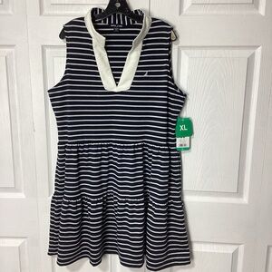 Nautica Tiered Sleeveless Dress With White Polo Collar Blue White Stripe NWT XL